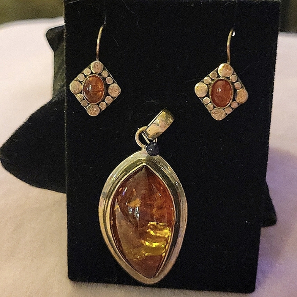 SOLD Amber and Sterling Silver Pendant and Earrings from Santa Fe.